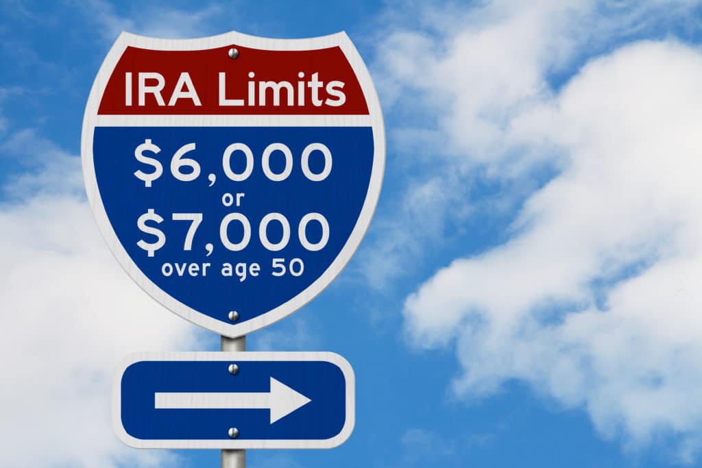 Street Sign with Text “IRA Limits: $6,000 or $7,000 over age 50” and an arrow pointing to the right.