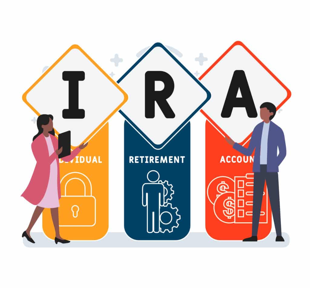 Illustrated people showing the acronym IRA - Individual Retirement Account.