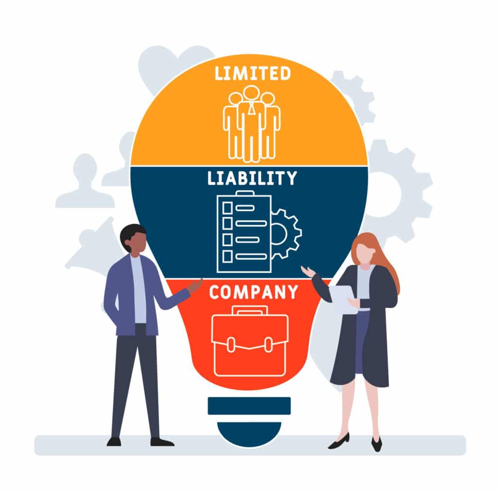 Cartoon illustration of two business professionals and a large lightbulb that says “Limited Liability Company”.