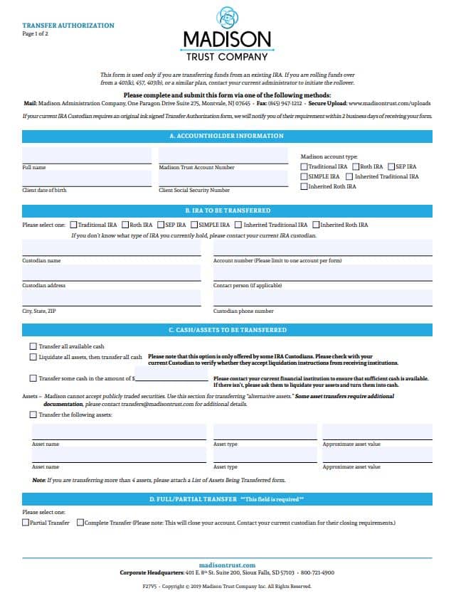 Madison Trust Transfer Authorization Form Page 1