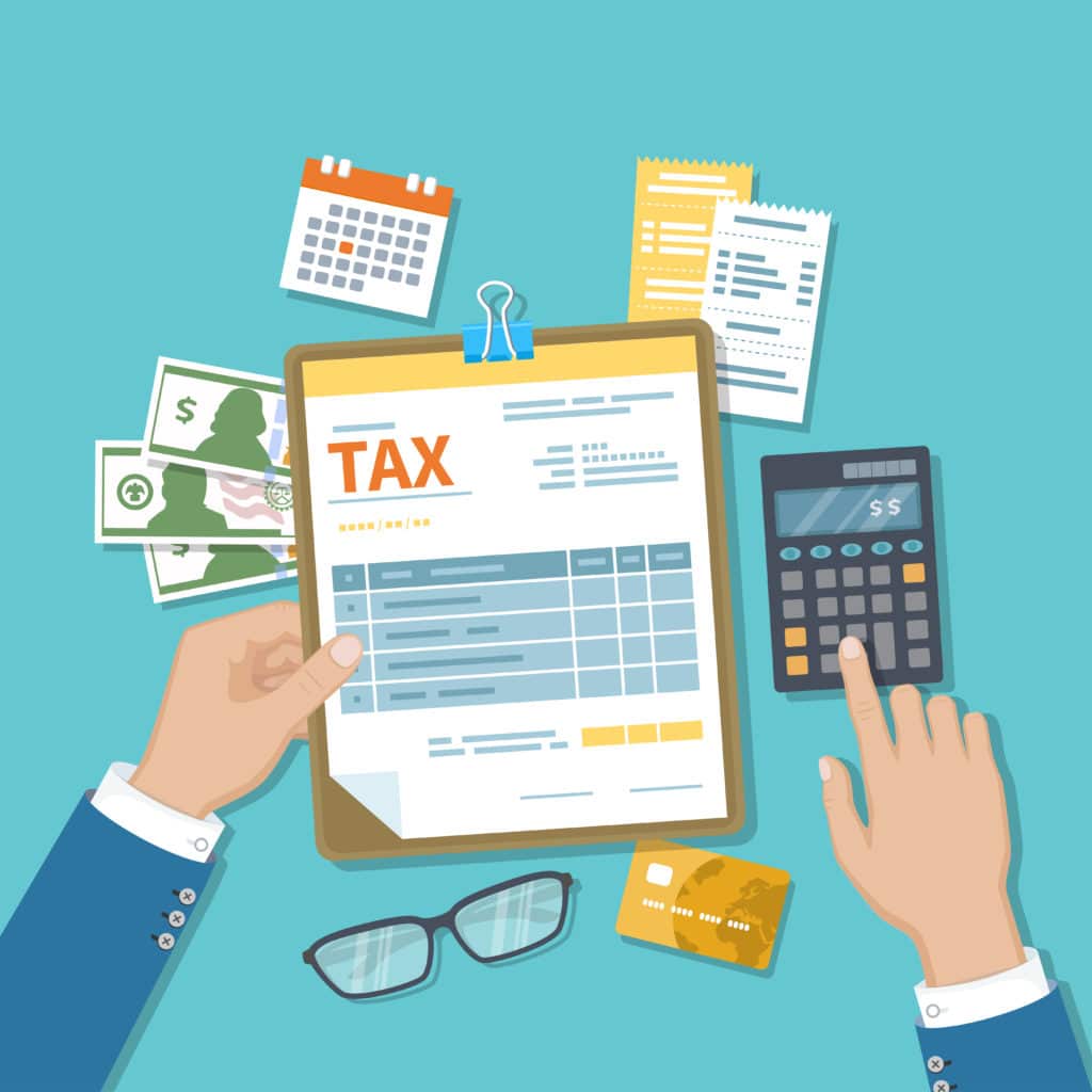 Tax Filing, Cartoon hand calculating taxes to file