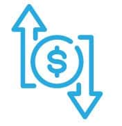 Icon of a coin with one arrow pointing up and another pointing down to show recharacterization of funds from one type of IRA to another type of IRA.